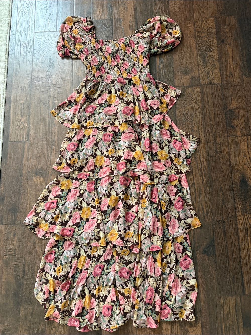 Tiered Floral Maxi Dress with Smocked Bodice in Pink & Mustard